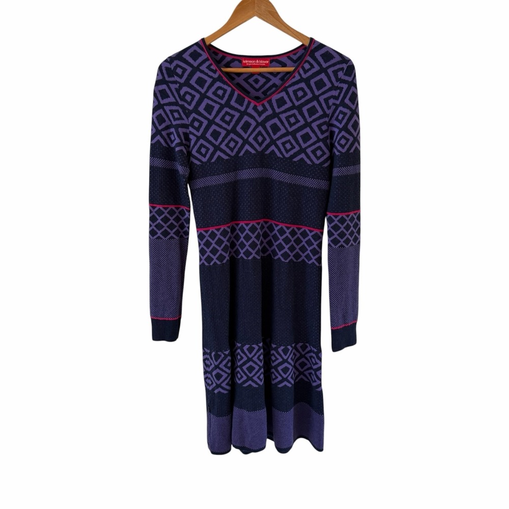 Krimson Klover Merino Wool Sweater Dress Womens M Purple Geometric Knit
